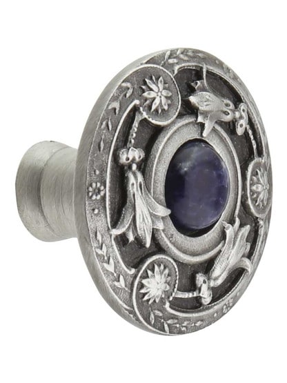 Jeweled Lily Cabinet Knob Inset with Blue Sodalite - 1 1/4 inch Diameter in Antique Pewter.